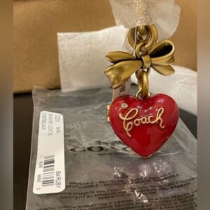 Coach Bow Heart Locket Bag Charm, Brass/Ruby NWT CZ276